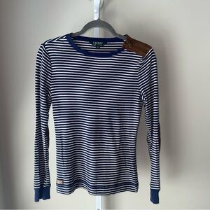 Lauren Ralph Lauren Navy Striped Long Sleeve Top with Suede Accents - Size M